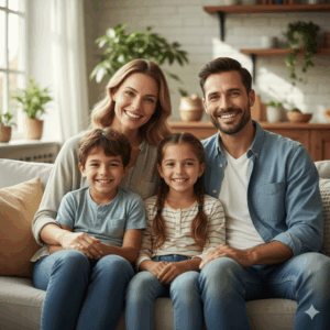 A family of four sitting together on a couch in their cozy living room, smiling and enjoying each other's company.